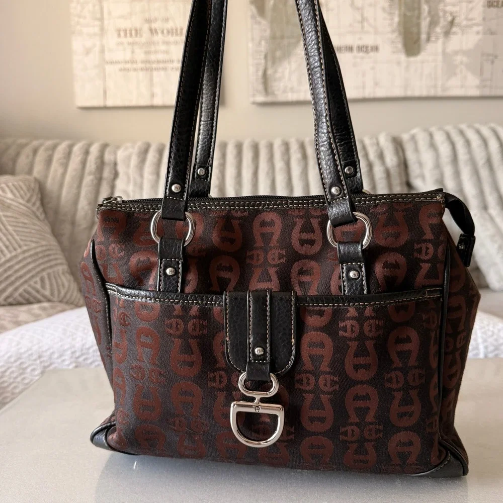 Etienne Aigner Monogram Jacquard Shoulder Bag Brown Black Leather Trim Horseshoe